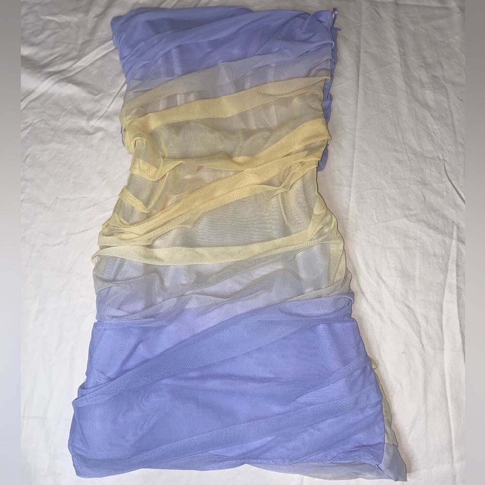 zara purple and yellow strapless mini dress